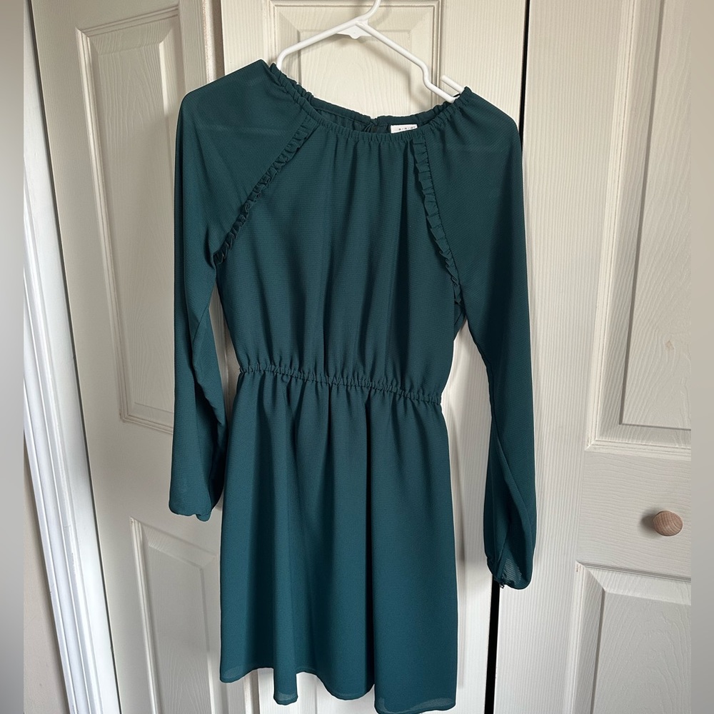 A New Day Dark Green chiffon dress with long sleeves and ruffle details, XS